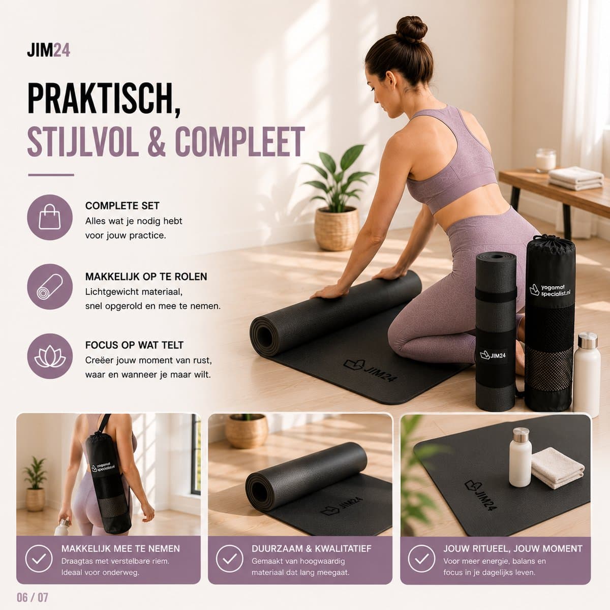 Jim24 Yogamat - Yoga Mat Antislip - Fitness Mat - Sportmat - Pilates Mat - Slijtvast - Extra Dikke Gym Mat - Duurzaam TPE - Incl. Draagtas en Riem - Zwart thumbnail 5