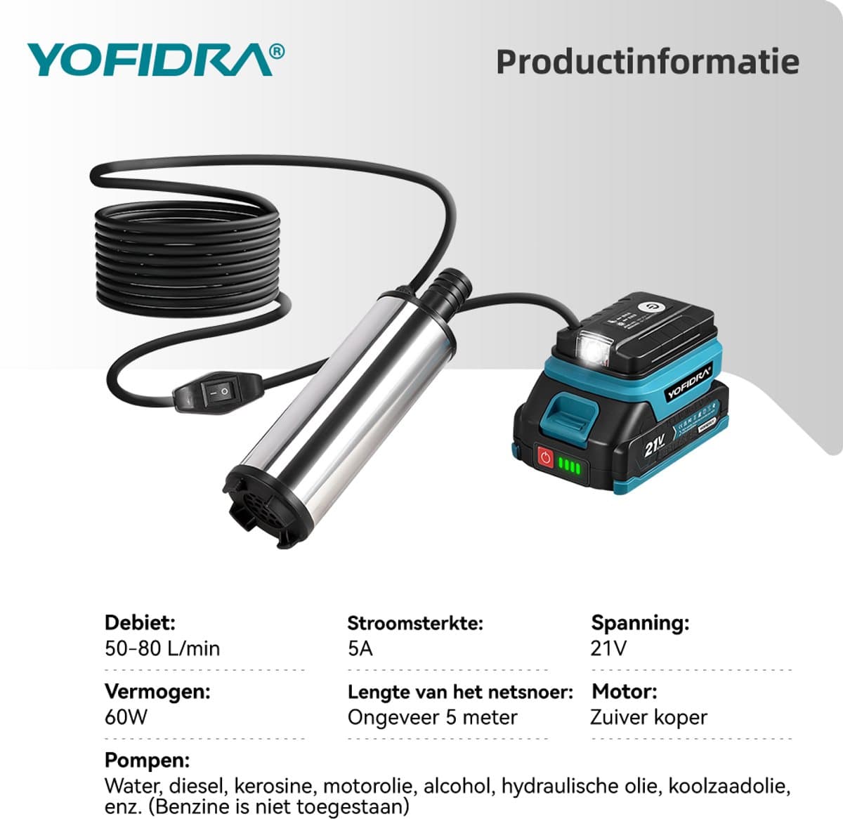 Yofidra Accu Waterpomp - Draagbare Waterpomp - Draagbare Zuigpomp - mit 2x Accu’s - Compact - voor zwembad, tuin, vijver thumbnail 2
