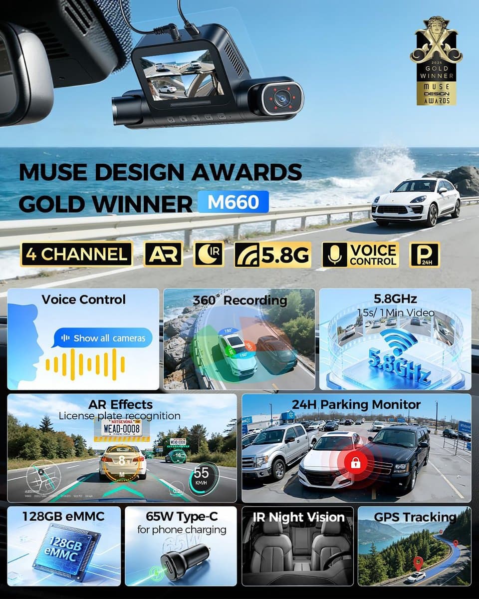 AZDOME M660 2.5K 4CH 360° Dash Cam, Geheugenkaart 256GB + 64GB, 4 Camera's (voor + achter + links + rechts), GPS, 5G WiFi, 3" Touchscreen, G-Sensor & IR Nachtzicht - Professionele Auto Beveiliging - Haarscherpe Nachtzicht - Dashcam Auto 2026 Model thumbnail 4