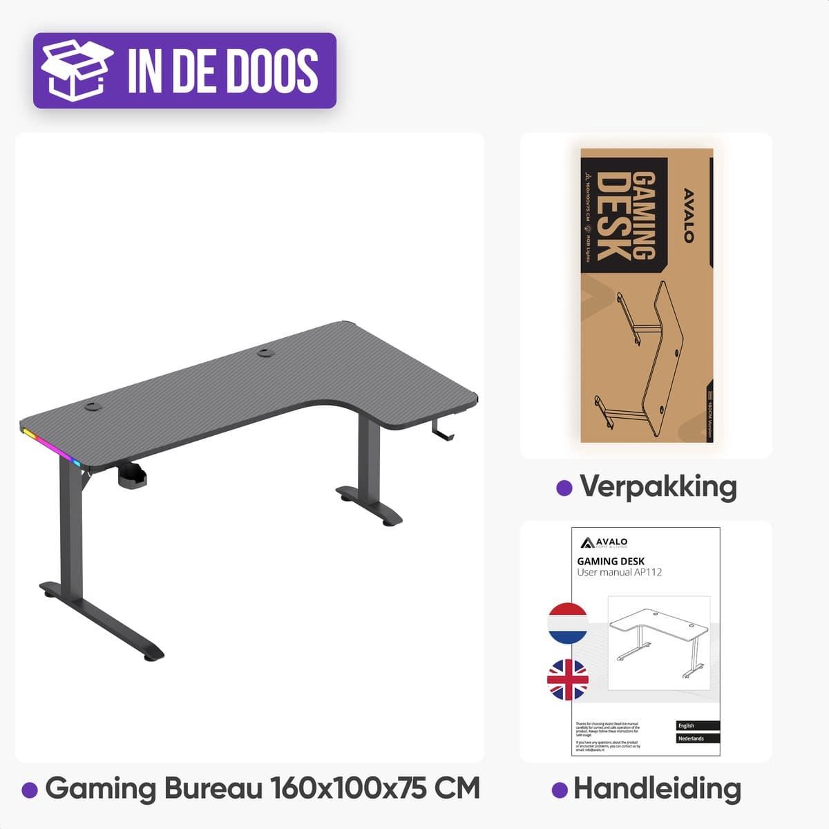 Avalo Gaming Bureau - 160x100x75 CM - L Vormig Hoekbureau - Game Desk Met LED Verlichting - Tafel - Zwart - Hoek Rechts thumbnail 8