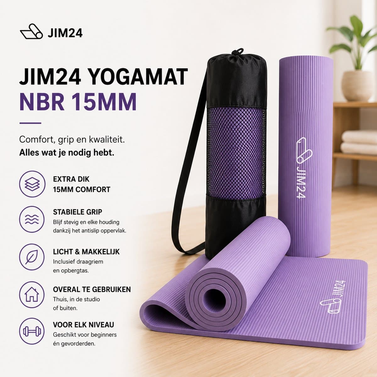 Jim24 Yogamat - Yoga Mat Extra Dik - 15 mm - Fitness Mat - Sport Mat - Antislip - Slijtvast - Incl. Draagtas - Paars thumbnail 3