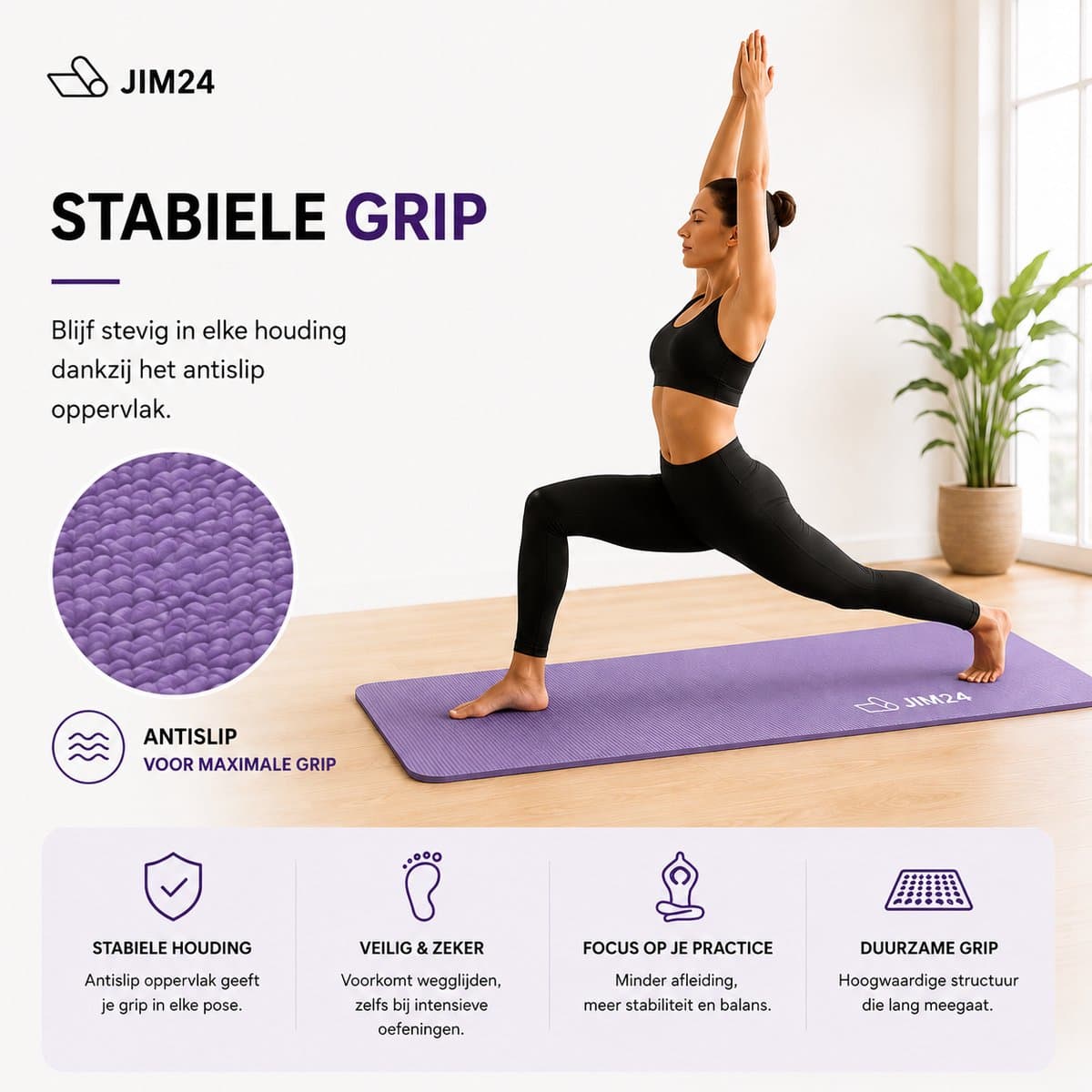 Jim24 Yogamat - Yoga Mat Extra Dik - 15 mm - Fitness Mat - Sport Mat - Antislip - Slijtvast - Incl. Draagtas - Paars thumbnail 7