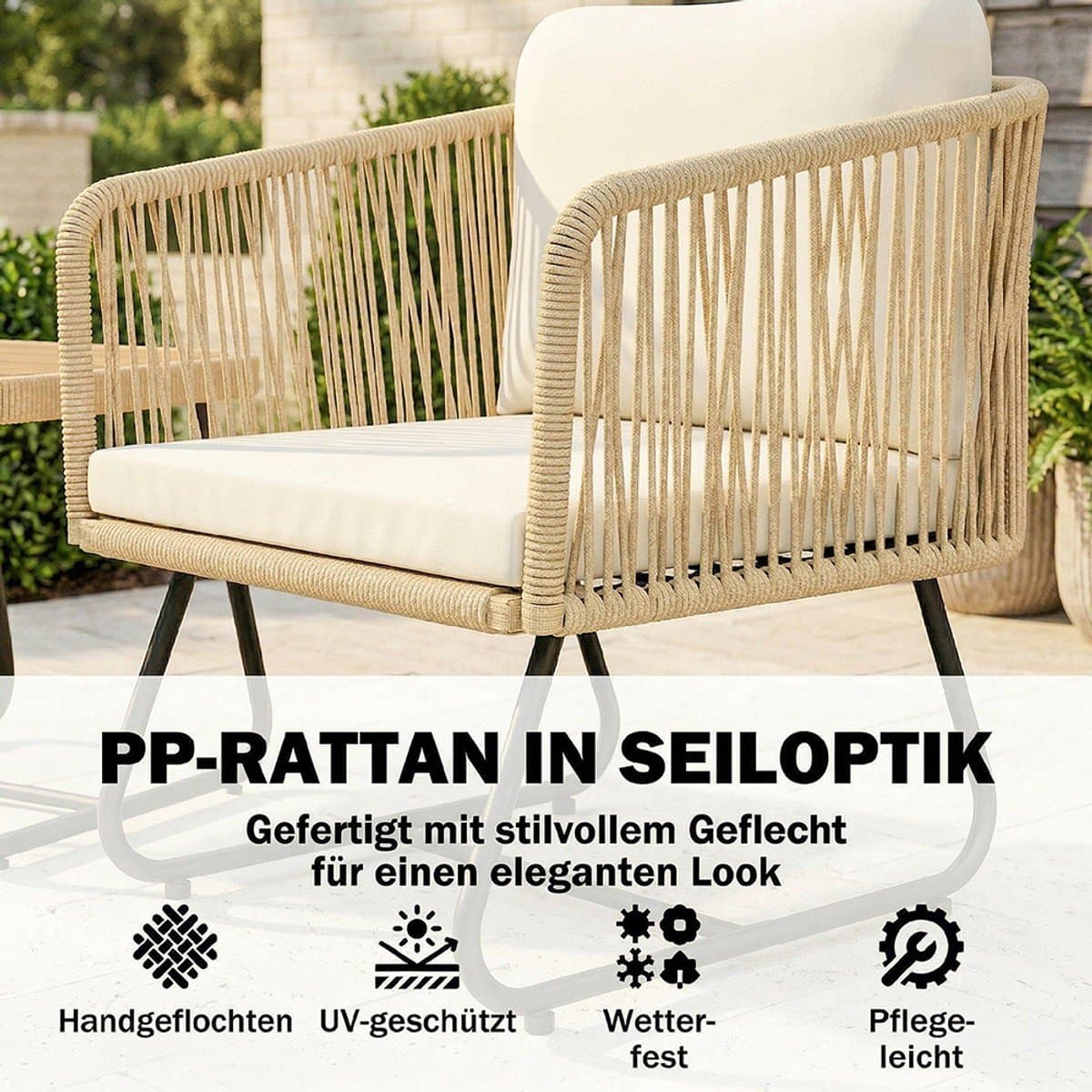 Pugsdrly Rotan bistroset 3-delige FSC-tuinsetset met 2 fauteuils, lamellenhouten tafel, dikke wasbare kussens, stalen frame thumbnail 6