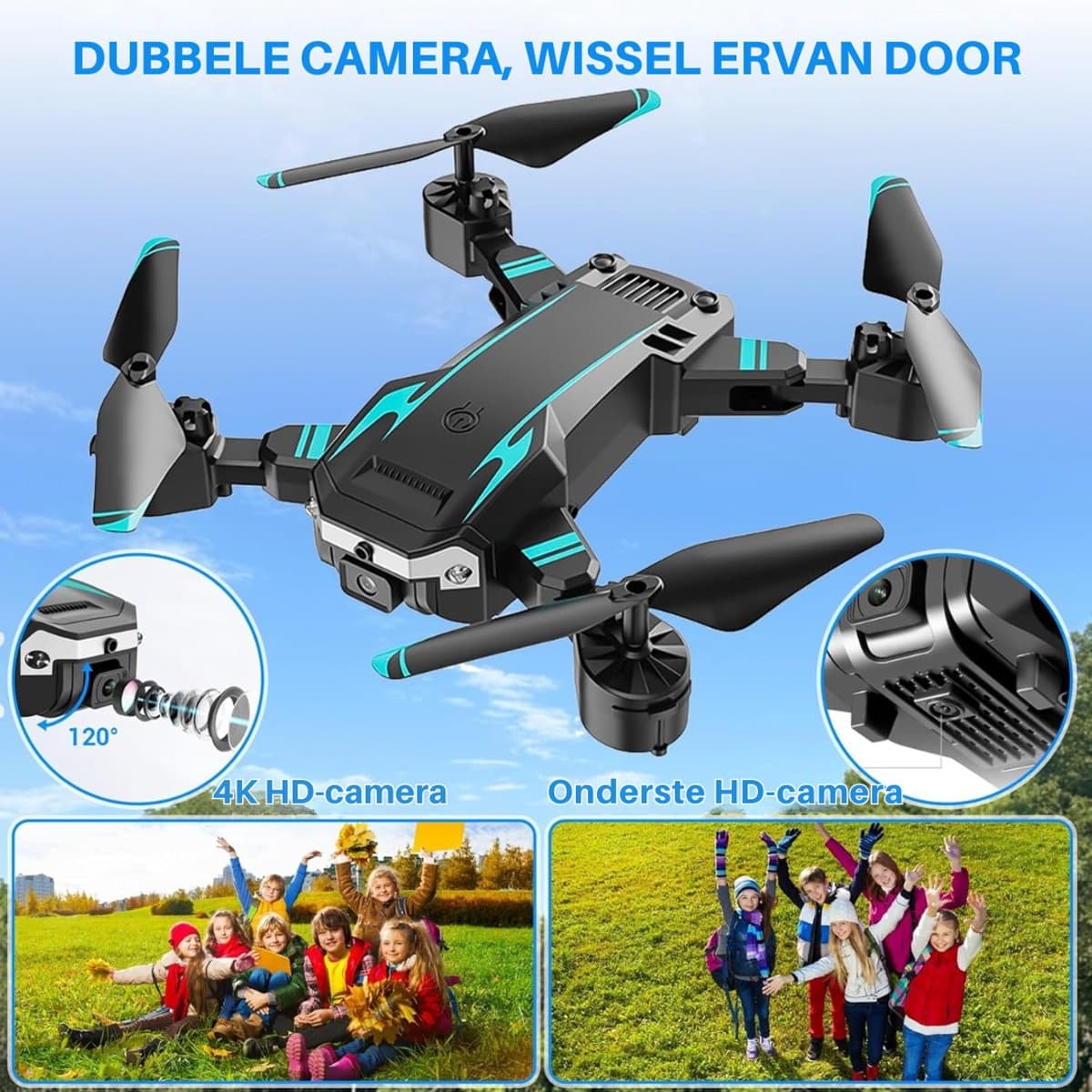 SNJY® Drone met Camera - Drone voor Volwassenen - Drones voor Kinderen - 4K Camera - 3D-Flips - Zwart/Blauw thumbnail 8