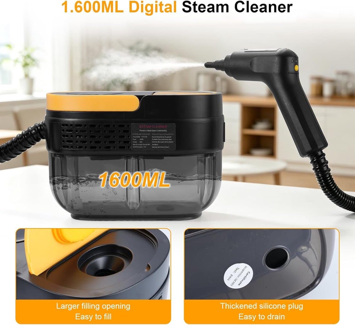 Stoomreiniger, handapparaat met 14 accessoires, 2500 W, multifunctionele stoomreiniger, stoomdruk 3 bar, opwarmtijd 15 s, 1600 ml tank, handstoomreiniger voor alle vloeren, ramen, banken, voegen, auto thumbnail 5