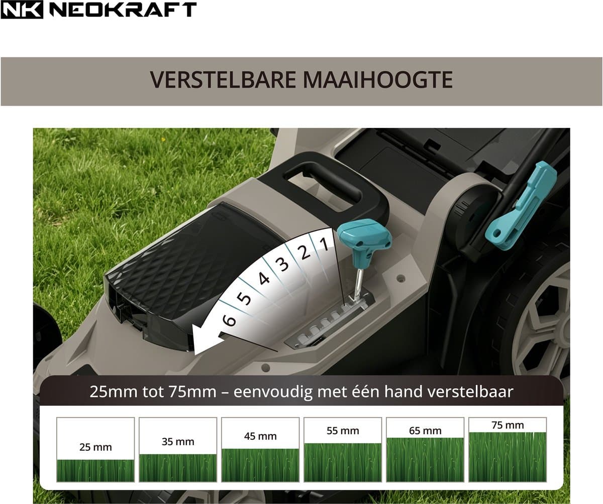 Neokraft - 40V Accu grasmaaier - 38cm maaibreedte - 6 instelbare maaihoogtes - Incl 40L opvangzak - Incl. 40V 4,0Ah accu & lader thumbnail 7