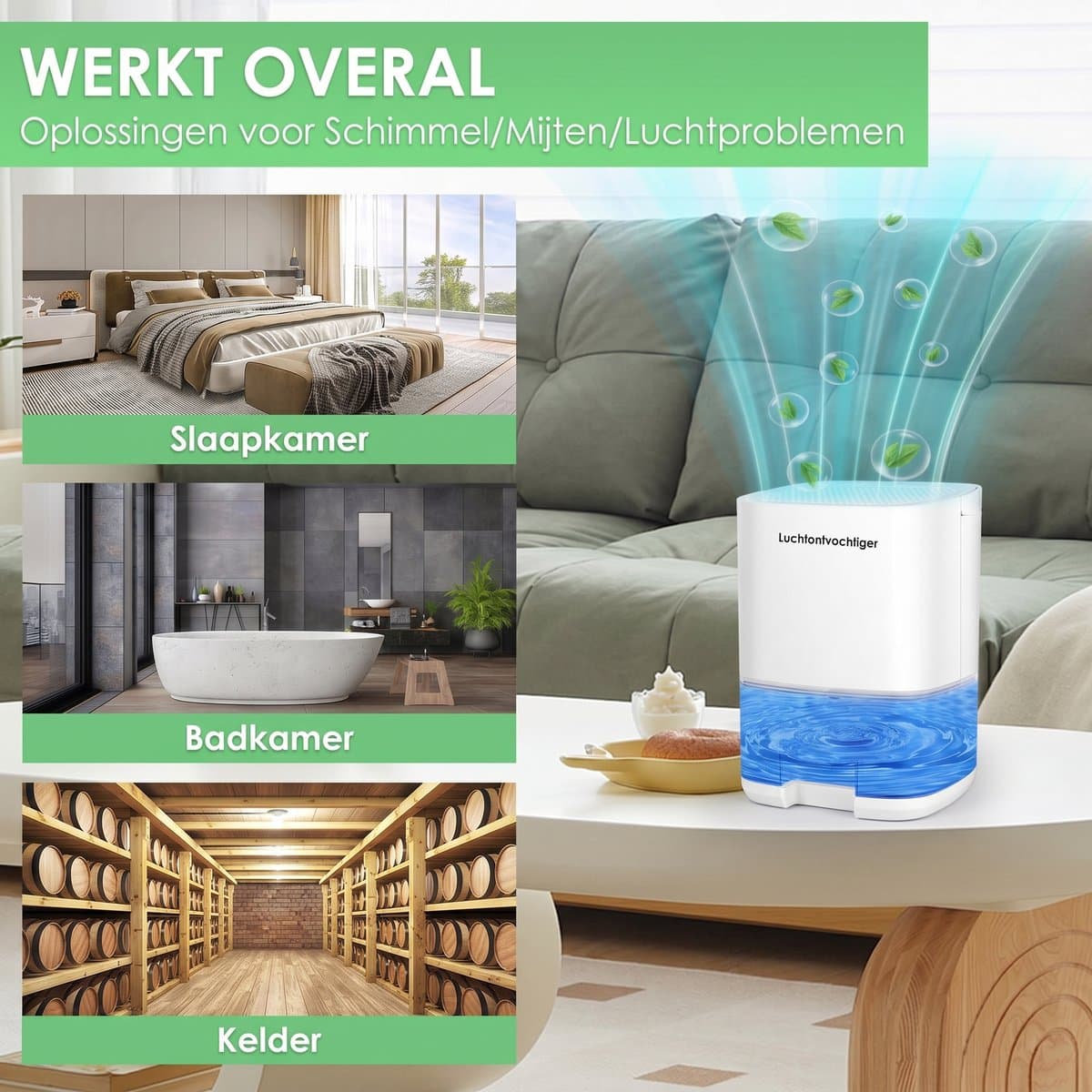 Dreamhigh® 1000 ml Luchtontvochtiger - Elektrische Ontvochtiger - Geruisloos en Efficiënt - Compact - ABS - Overloopbeveiliging - voor Slaapkamer en Badkamer - Ontvochtiging 350 ml/dag - Wit thumbnail 3