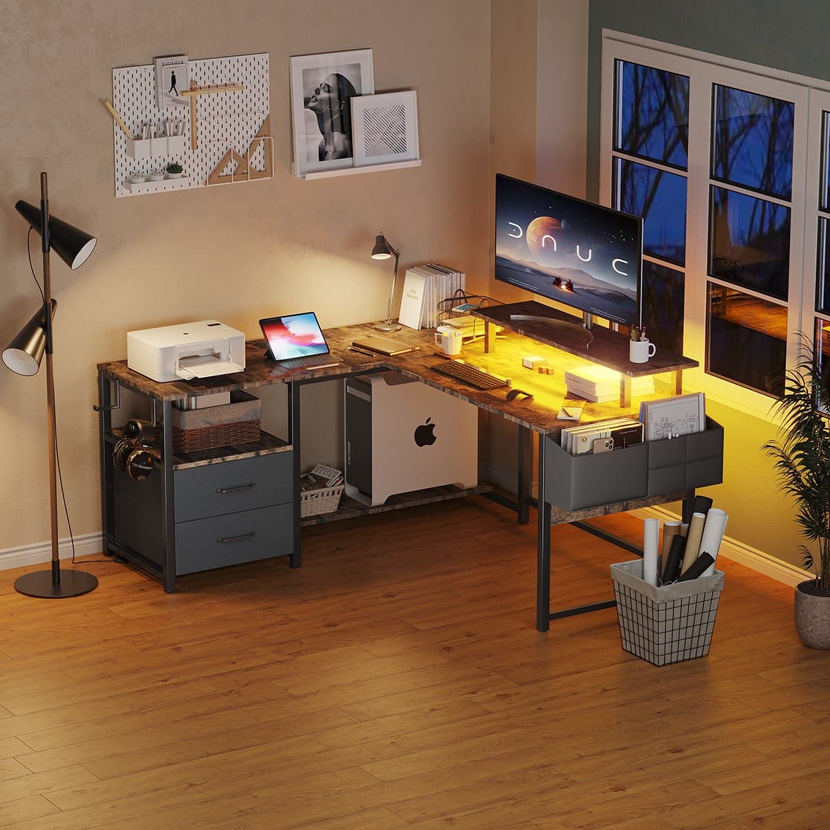 Gaming Bureau met LED Verlichting - 120x120x75cm - L-Vormig Game Bureau met Stopcontact - 2 Non Woven Lade - Gaming Desk - Computer Tafel - Gaming Tafel - Bureau voor Gamen, Studeren en Werken - Vintage Bruin thumbnail 4