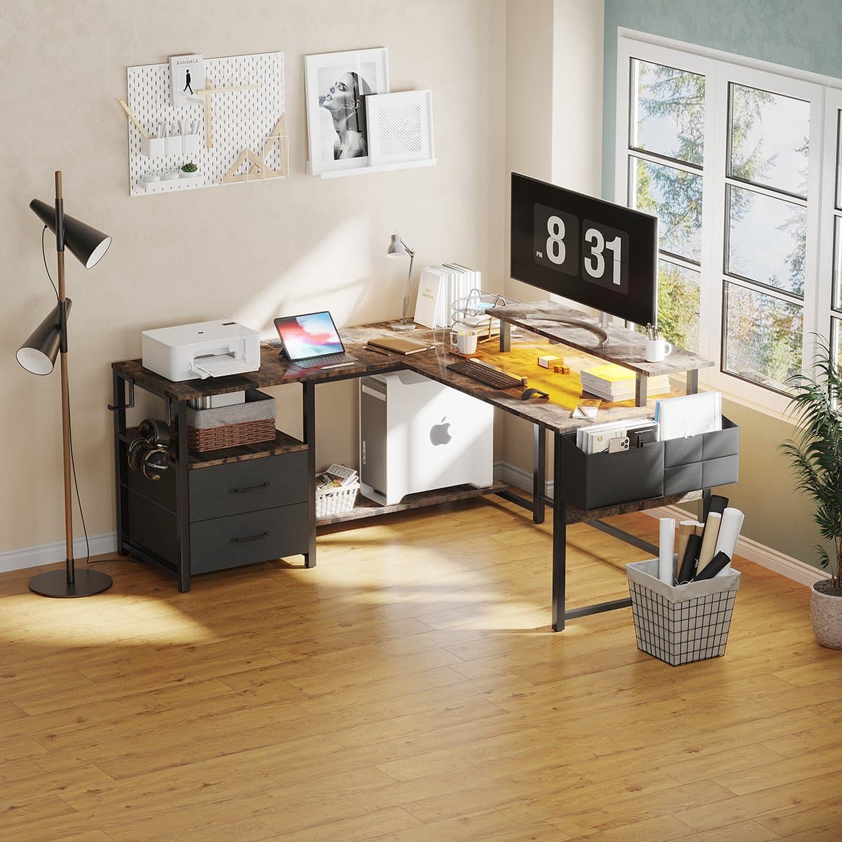 Gaming Bureau met LED Verlichting - 120x120x75cm - L-Vormig Game Bureau met Stopcontact - 2 Non Woven Lade - Gaming Desk - Computer Tafel - Gaming Tafel - Bureau voor Gamen, Studeren en Werken - Vintage Bruin thumbnail 3