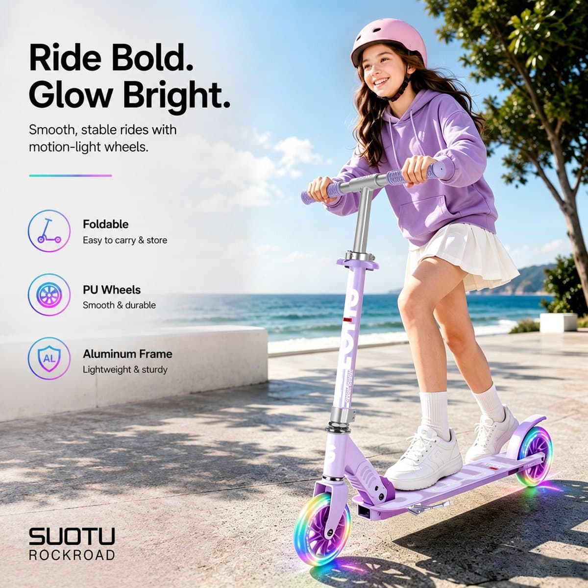 Suotu Kinderstep - 145mm Lichtgevende Wielen - Step - Speelgoed Jongens/Meisjes - Max stuurhoogte: 85 cm - Aluminium - Paars thumbnail 6