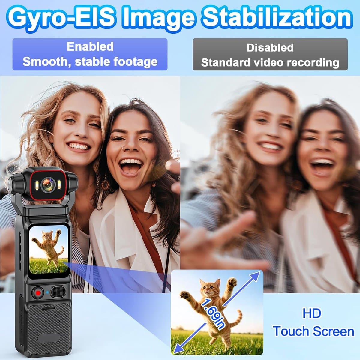 Action Cam 4K - 6-assige stabilisatie videocamera, vlog, live view-display, vlogcamera, wifi, 160° groothoek, draaibare lens en 3000 mAh batterij voor fietsen, vlogging, reizen en outdooractiviteiten thumbnail 5