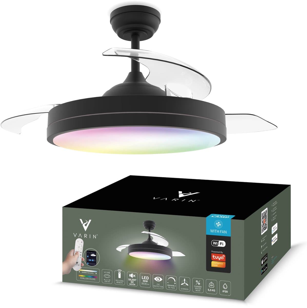 Varin® Smart Plafondventilator met verlichting - Zwart - Tuya Wifi - LED 36W RGBW - Ø 50cm/108cm - Super stil - Smart lamp - Plafondlamp slaapkamer - Plafonniere woonkamer - Plafondlampen - Plafond lamp - Verlichting kinderkamer - Ventilator