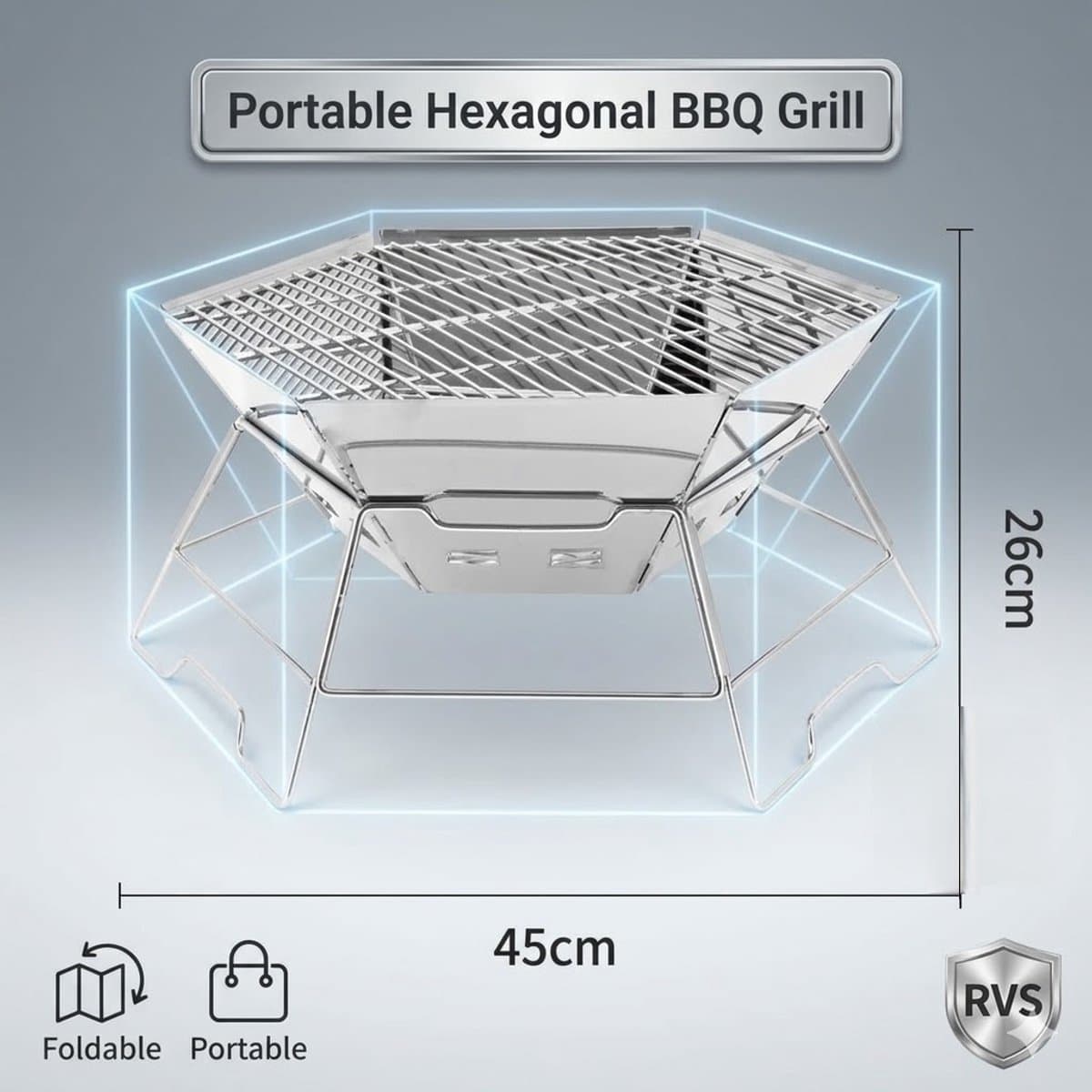 Opvouwbare Houtskool BBQ & Vuurplaats – RVS Camping Barbecue – Draagbaar & Stevig – Groot Formaat – Voor BBQ, Kampvuur & Outdoor Koken thumbnail 6