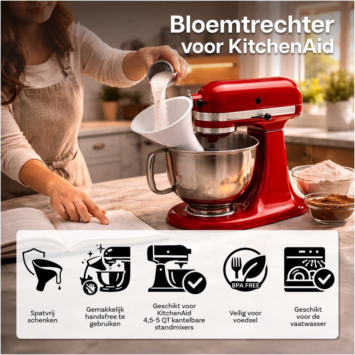 Meeltrechter voor KitchenAid 4,5–5 Quart Tilt-Head Stand Mixers Artisan & Classic Series van MMOBIEL – Anti-Spat Opzetstuk, Hands-Free, Voor Droge & Vloeibare Ingrediënten – Vaatwasmachinebestendig thumbnail 2