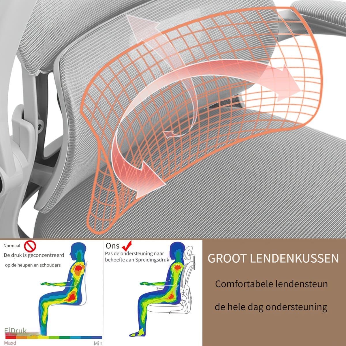 Ergonomische bureaustoel-Draadloze Stoffen Hoge Rug Computerstoel-Kantoorstoel Comfortabel met Armleuningen-Lendensteun-Hoofdsteun-Metaal- (Zwart en wit) thumbnail 6