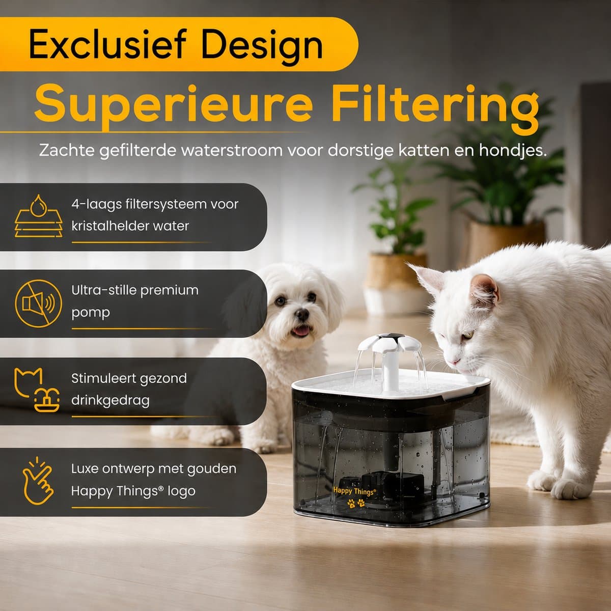 Happy Things - Drinkfontein Hond en Kat - Geruisloos - 2.5 L - Transparant Zwart met Goud - incl 4 Filters thumbnail 2