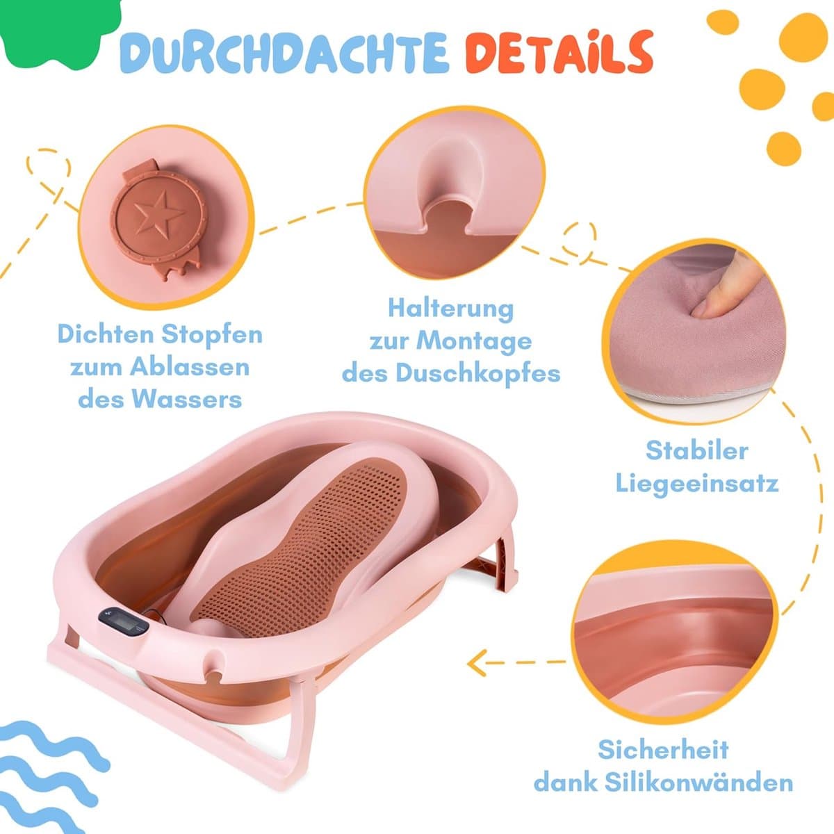 moovkee. Opvouwbaar Babybad 80 cm Donkerroze - Babybadewanne met Thermometer en Badesitz - Antislip Draagbare Babybadkuip voor 0-36 Maanden thumbnail 3