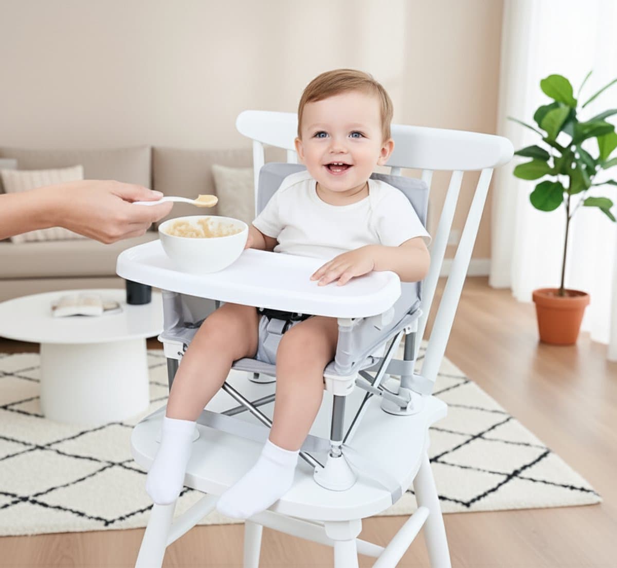 Opvouwbare Stoelverhoger Baby Grijs – Inklapbaar Kinderzitje voor Eetkamerstoel & Onderweg – Travel Booster Seat met Afneembaar Dienblad & Draagtas – 6 Maanden tot 3 Jaar thumbnail 6