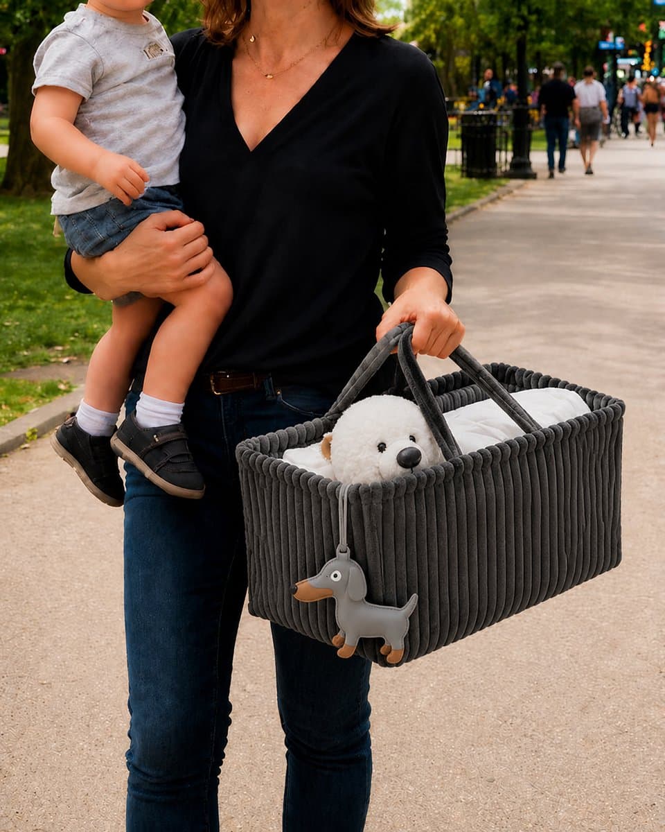 Opvouwbare Luiertas Organizer Bruin - Corduroy Luiermand met Vakken en Verdelers - Baby Opbergmand voor Luiers, Doekjes en Accessoires - Draagbare Nursery Caddy - Grijs thumbnail 2