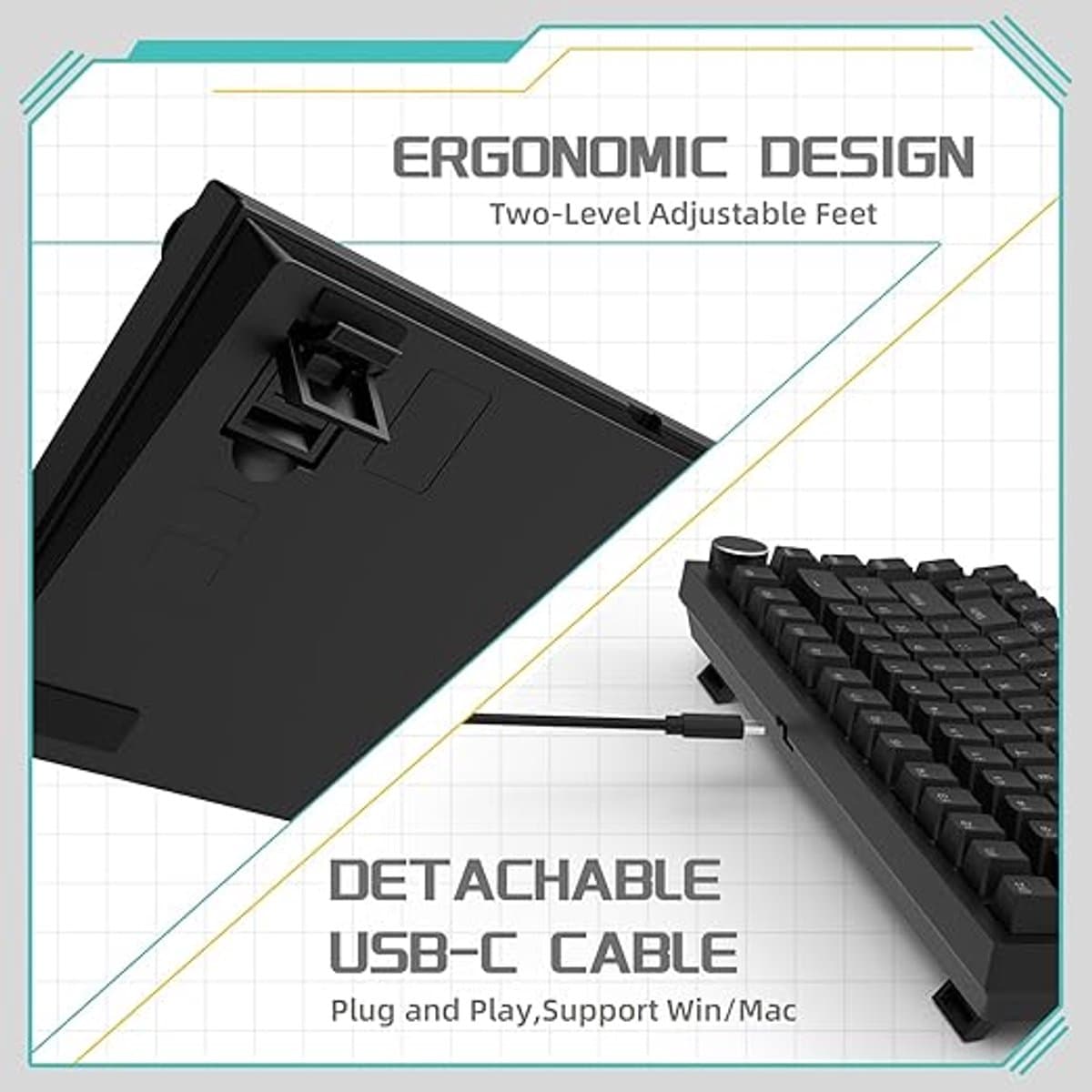 Mechanisch Toetsenbord met Knop, 75% ANSI-indeling, 81 Toetsen Gaming Toetsenbord, Hot-Swappable, Rode Schakelaars, Ice White Backlight, USB-C voor PC, Mac, PS5 en Xbox thumbnail 3