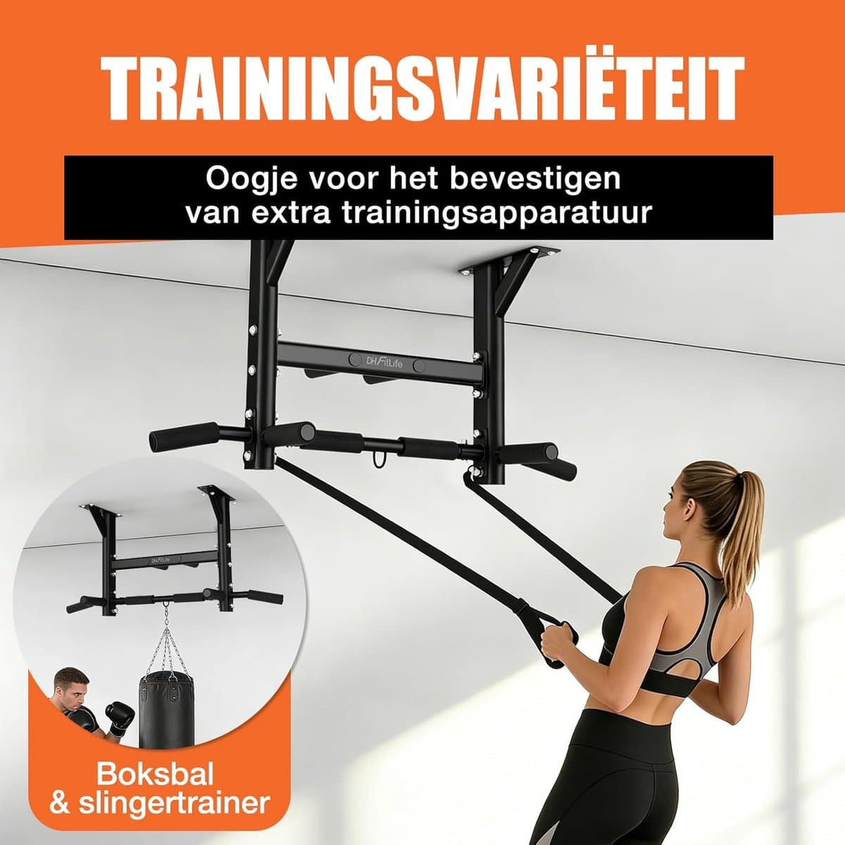 DH FitLife Pull-up Bar - 4-in-1 plafondmontage - Multifunctionele thuis pull-up bar voor krachttraining - 8 antislip handgrepen - 3 oogjes voor bokszak & suspension trainer, stabiel tot 200 kg thumbnail 3