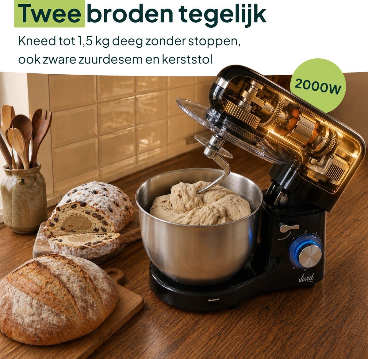 Vivid Green 2000W Keukenrobot - 6.2L - Display & Instelbare Timer - Mixer met Mengkom - Keukenmachine - Keukenmixer - Zwart thumbnail 5