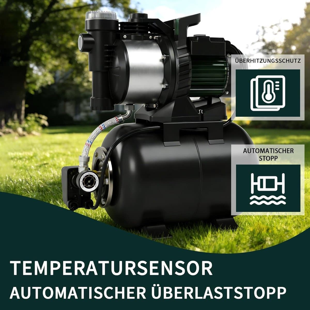 Huiswaterinstallatie - Waterpomp Automaat - Tuin Sproeien - Roestvrij Staal - 5000 l/u - Groen Zilver thumbnail 3