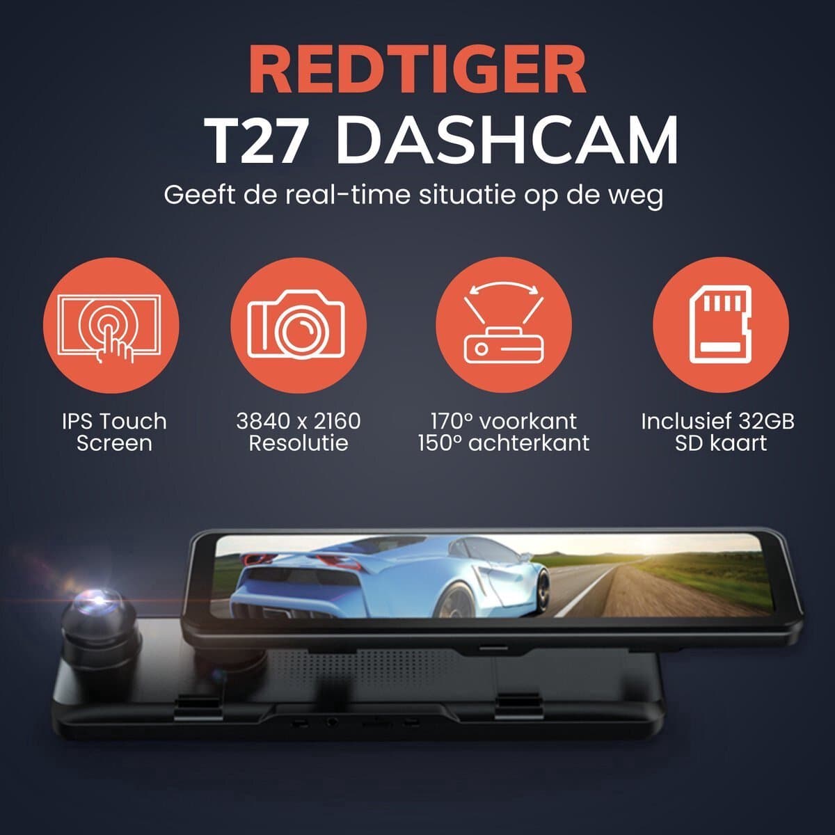 RedTiger T27 Spiegel Dashcam voor auto - Ultra 4K & 2,5K - Voor en Achter camera - WiFi en GPS - 12 Inch - Sony Camerasysteem - Nachtzicht - Parkeerbewaking - met Parkeerhulp - G Sensor - Loop opname - Full HD thumbnail 4