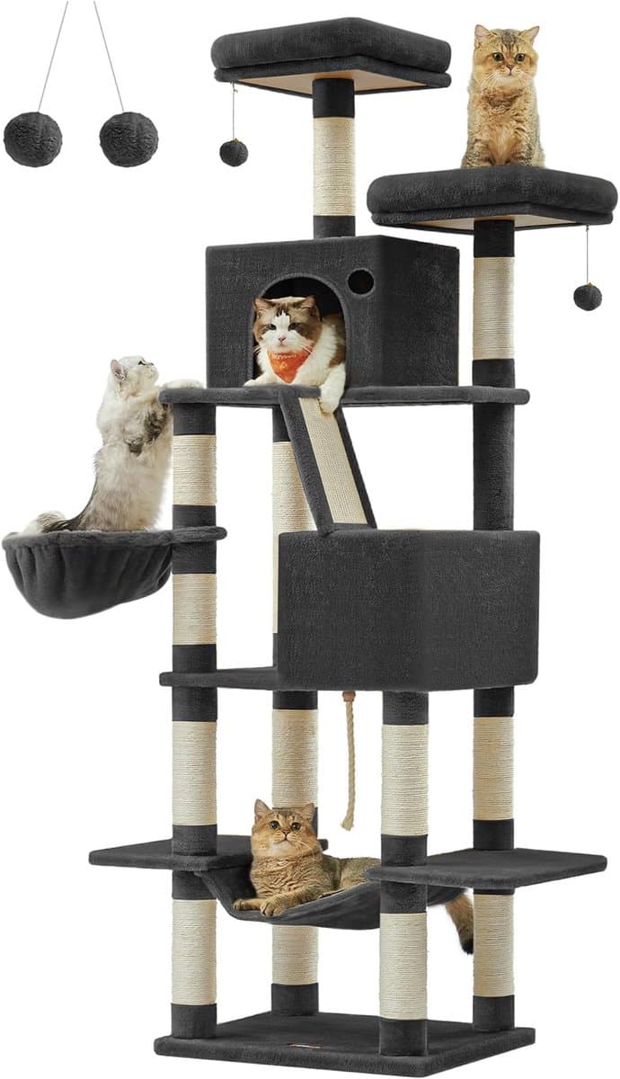 Feandrea krabpaal groot, 206 cm hoog, XXL krabpaal, met 13 krabpalen, 2 platformen, 2 grotten, mand, hangmat, pluche ballen, multi-stapel kattenkrabpaal, inkt zwart PCT190B01