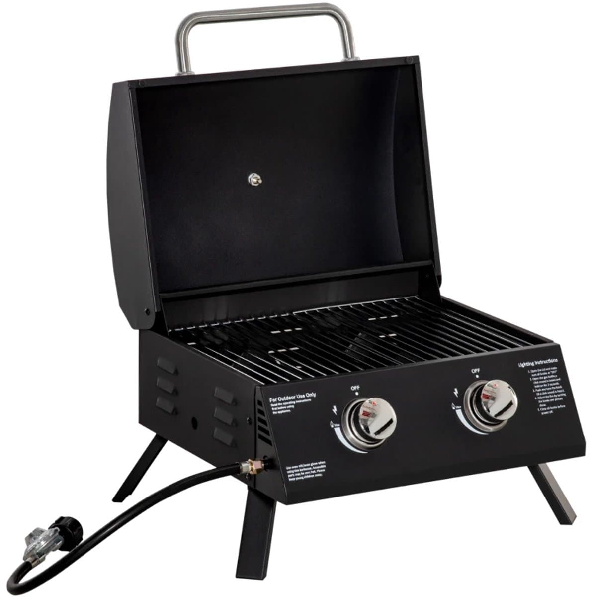 Gasbarbecue - Tafelmodel Gasbarbecue en Gasgrill - 2 Branders - Grillwagen - 5,6 kW - met Grillrooster, Drukregelaar, Slang, Thermometer - 55 x 46,5 x 41 cm - Zwart