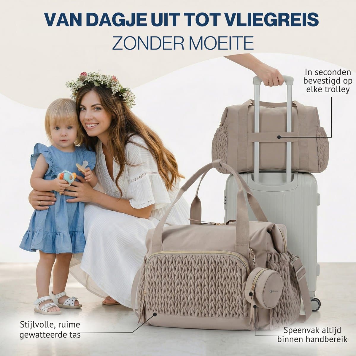 Qrenova Luiertas Groot – Inclusief verschoonmatras - Baby Verzorgingstas – 3 Draagmogelijkheden – Unisex – Beige thumbnail 6