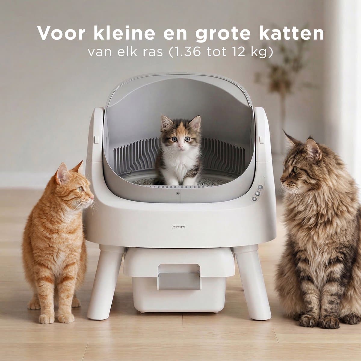 TrevoPet® Automatische Kattenbak - Zelfreinigend & Veilig - Voor Katten tot 12KG - Incl. Mat, 60 Afvalzakjes & Accessoires - 10L Afvalbak - Wit & Grijs thumbnail 4