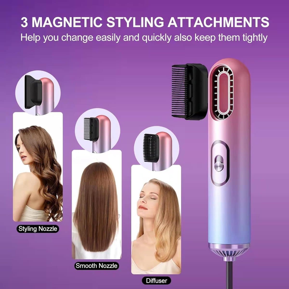 Ionische Bladloze Haardroger - Krachtige AC Motor - Compact & Lichtgewicht - Professionele Föhn - met 3 Opzetstukken - Constante Temperatuur - Anti-Frizz - Ideaal voor Thuis & Reizen - Gradiënt Paars/Blauw thumbnail 7