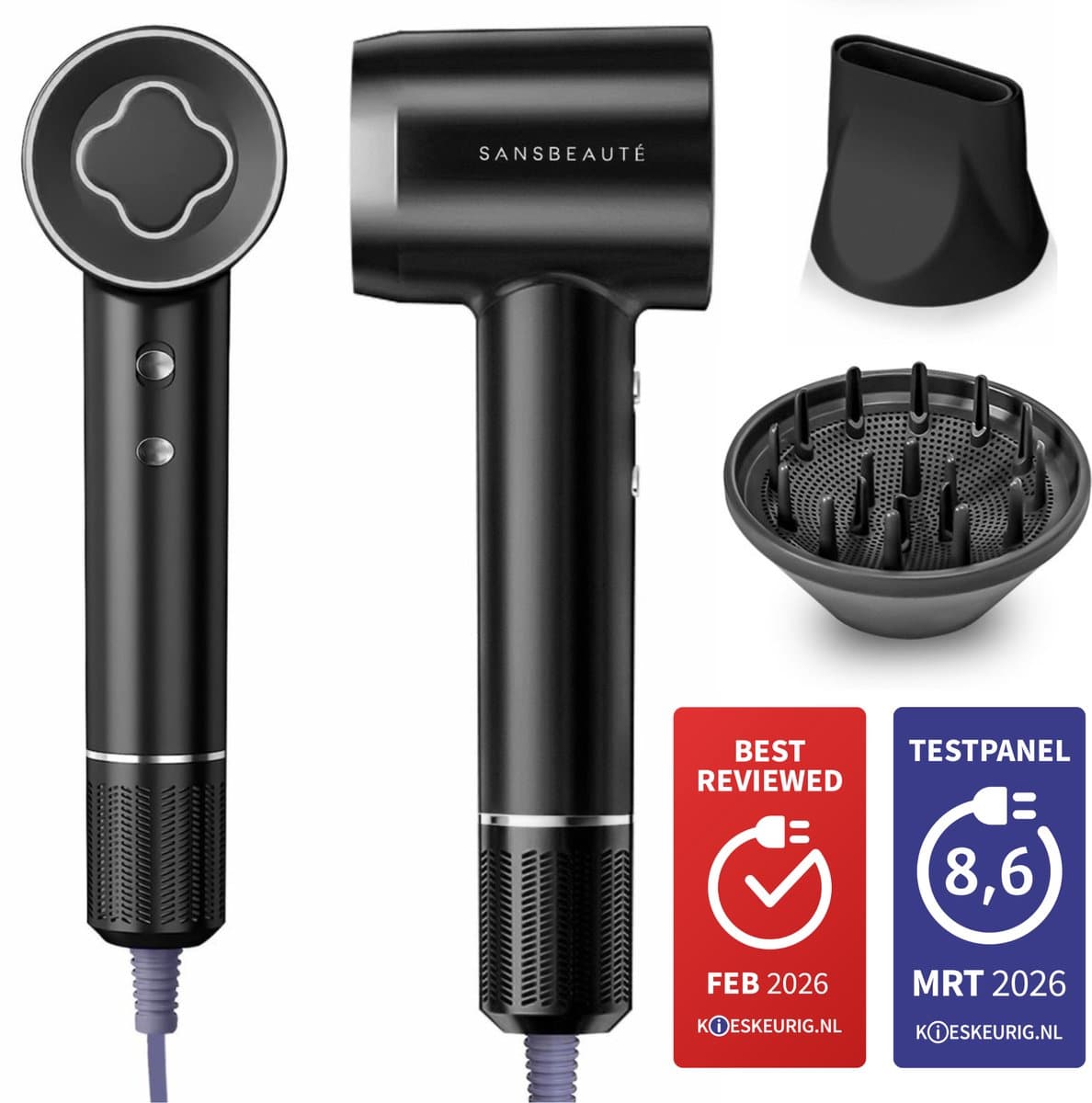 Sansbeauté® Föhn met Diffuser - Krullen - 110.000RPM - Ionische Haardroger met Borstel - 3 Standen - 3 Opzetstukken - Reisföhn - Sèche Cheveux - Krul Feun Set - Haarföhn met Defuser - Hair Blow Dryer - Kappersfohn - 2000W