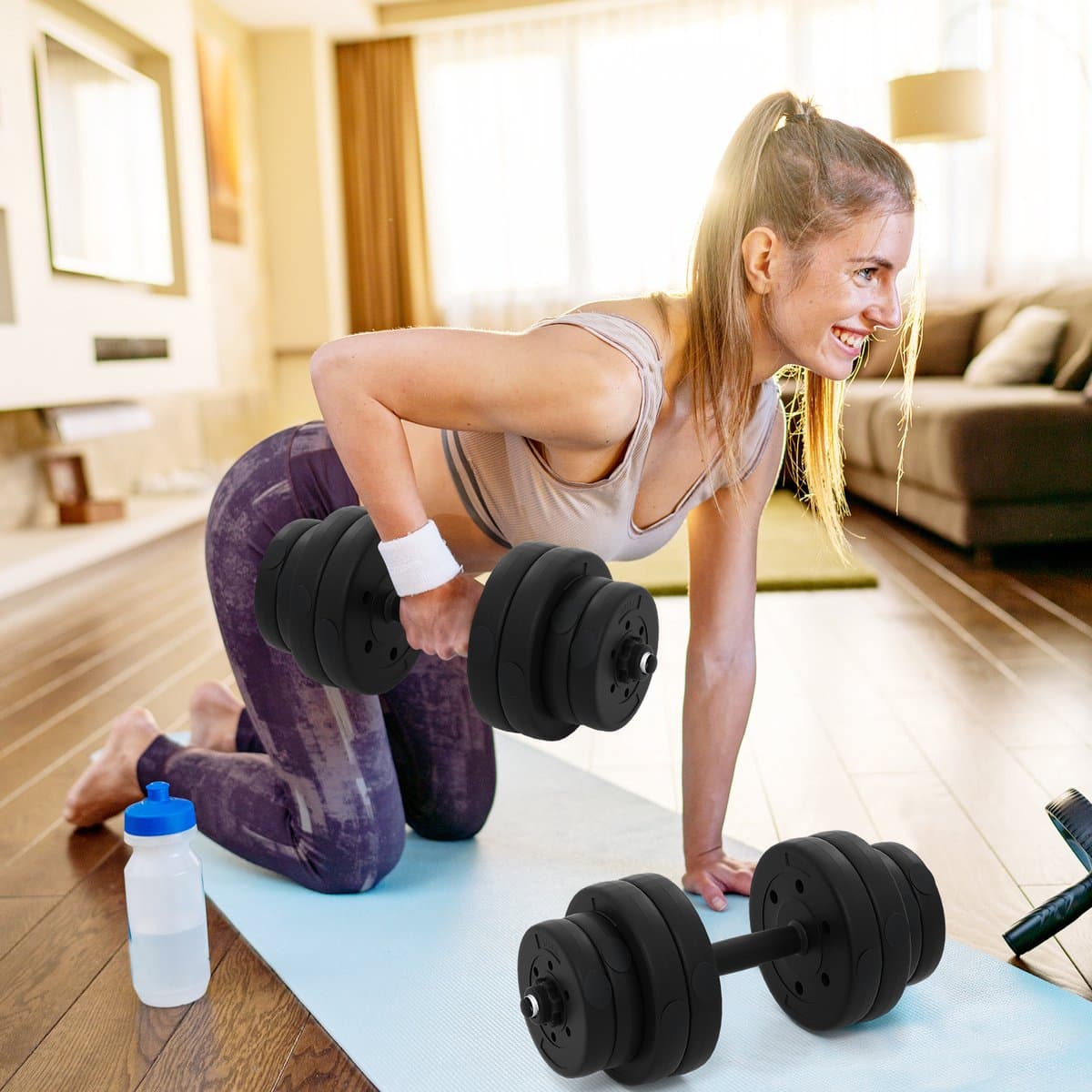 COSTWAY 2-in-1 halterset, 30 kg, 2-delige set, korte en lange halter, verstelbaar, halterset met verbindingsbuis voor krachttraining, fitness, home gym thumbnail 6