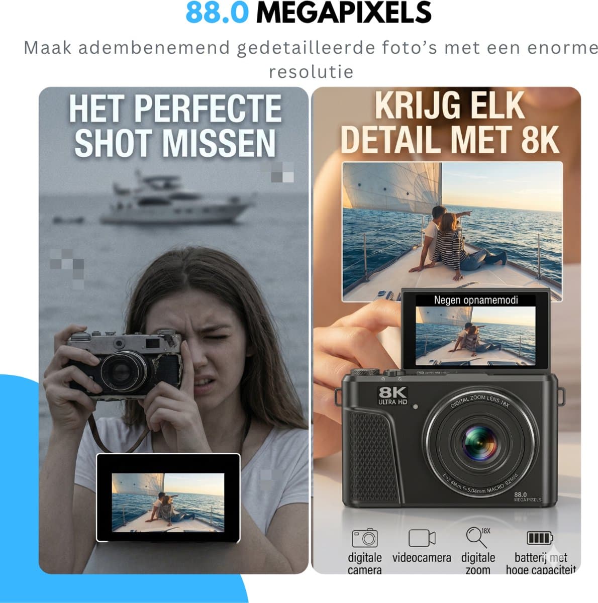Livista Digitale Camera 8K - 88MP - 18X Digitale Zoom - WiFi - 3.0" UHD-display - Fototoestel - Mini Camera - Fotocamera - Compact Camera - Incl. 64GB SD Kaart - Vlog Camera voor Kinderen thumbnail 5