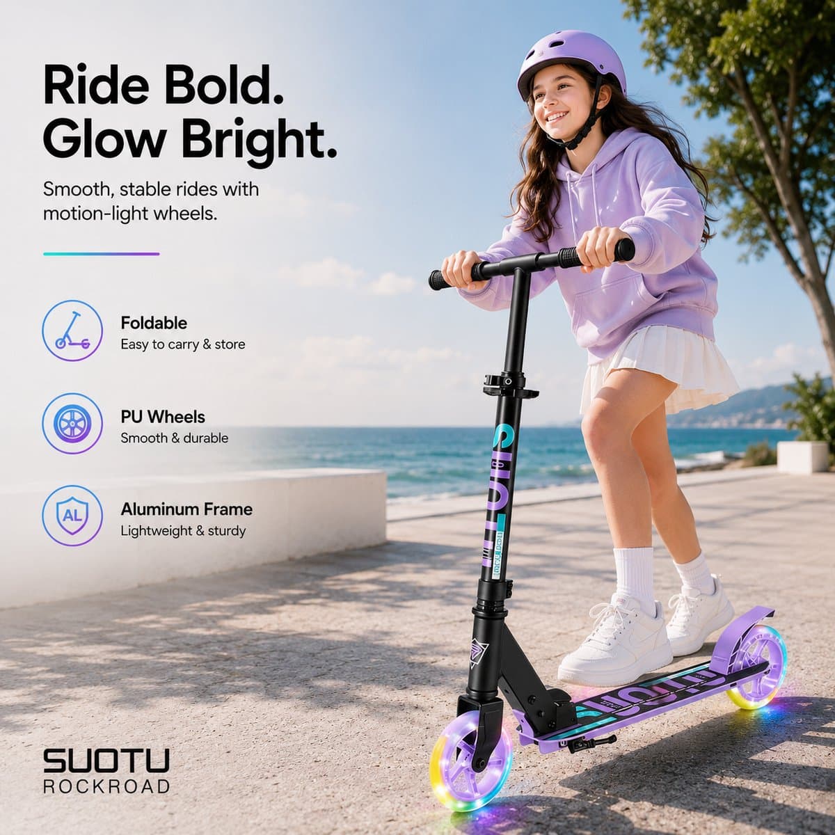 Suotu Kinderstep - 145mm Lichtgevende Wielen - Step - Speelgoed Jongens/Meisjes - Max stuurhoogte: 85 cm - Aluminium - Zwart/Paars thumbnail 6