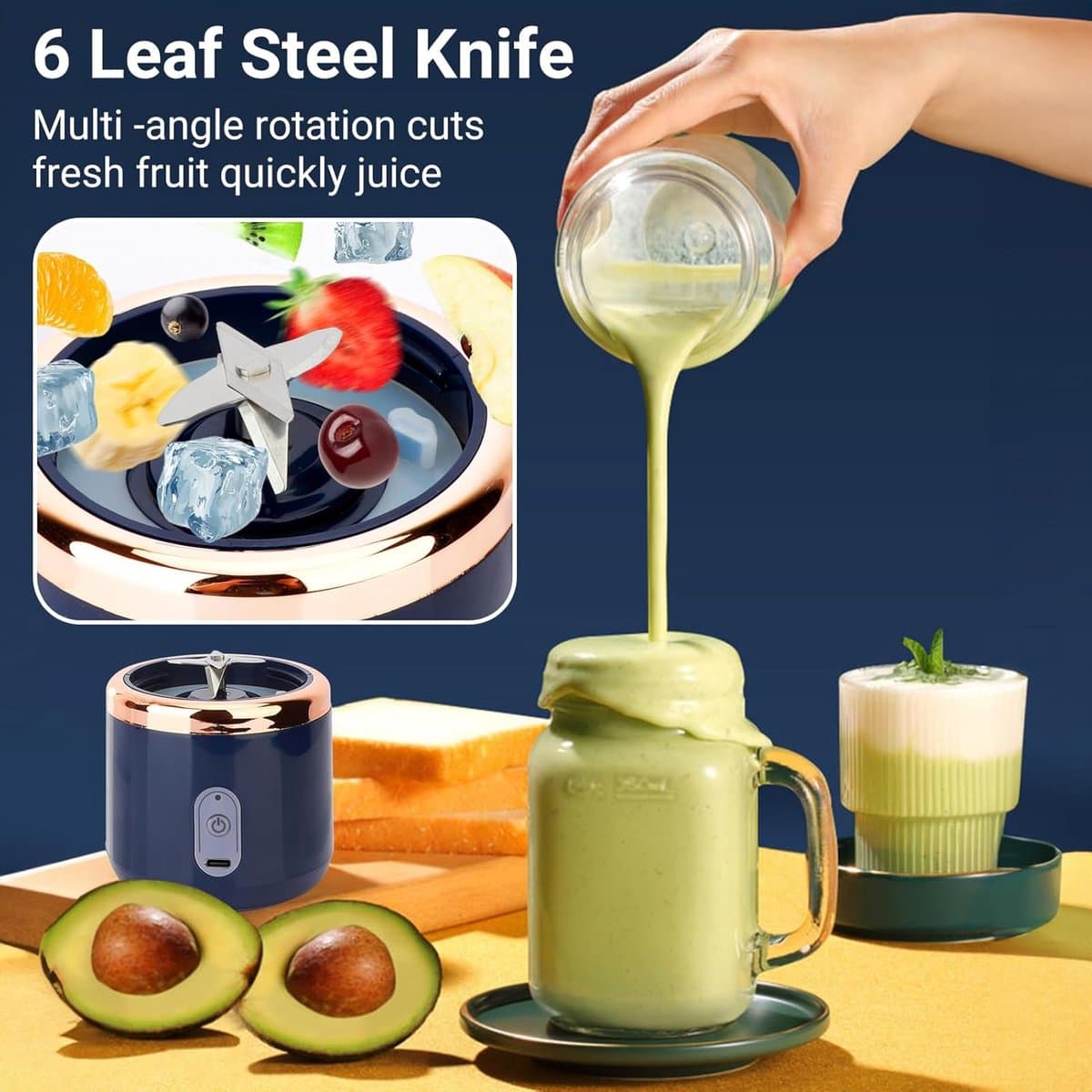 Nieuwe draagbare blender, 400 ml 6 messen sterke kracht mini elektrische sapcentrifuge cup, USB opladen One-key Start draadloze Automotive Travel Fruit Juicer voor shakes en smoothies thumbnail 3