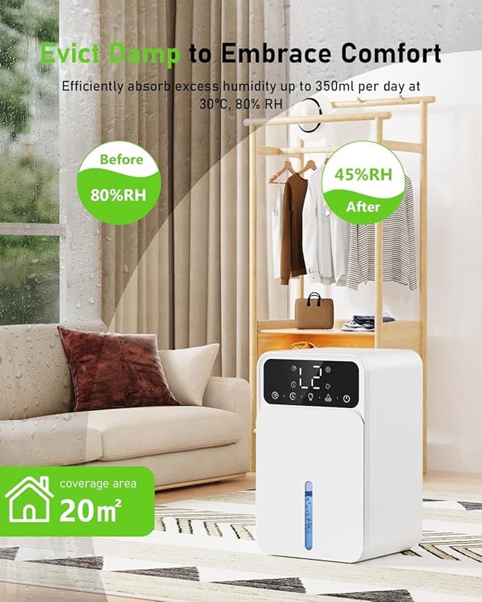 Luchtontvochtiger 1200ML, draagbare luchtontvochtiger met 7-kleuren LED-verlichting, automatische ontdooiing en automatische uitschakeling, huishoudelijke ontvochtiger thumbnail 2