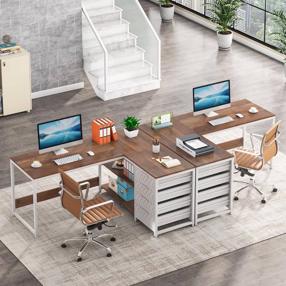 Tribesigns Bureau - L-Vormig Game Bureau met 4 Laden - 150 x 110 x 75cm - Bureau met Legplanken - Gaming Desk - Computer Tafel - Gaming Tafel - Bureau voor Gamen, Studeren en Werken - Wit / Okkernoot thumbnail 3