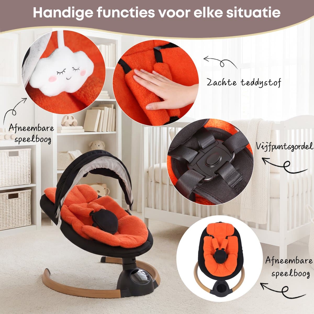 3Babies® Baby Swing – Elektrisch Wipstoel – Babyschommel – Elektrische Schommelstoel baby – Wasbare Bekleding – Afstandsbediening en App – Teddy Materiaal – Oranje en zwart thumbnail 2