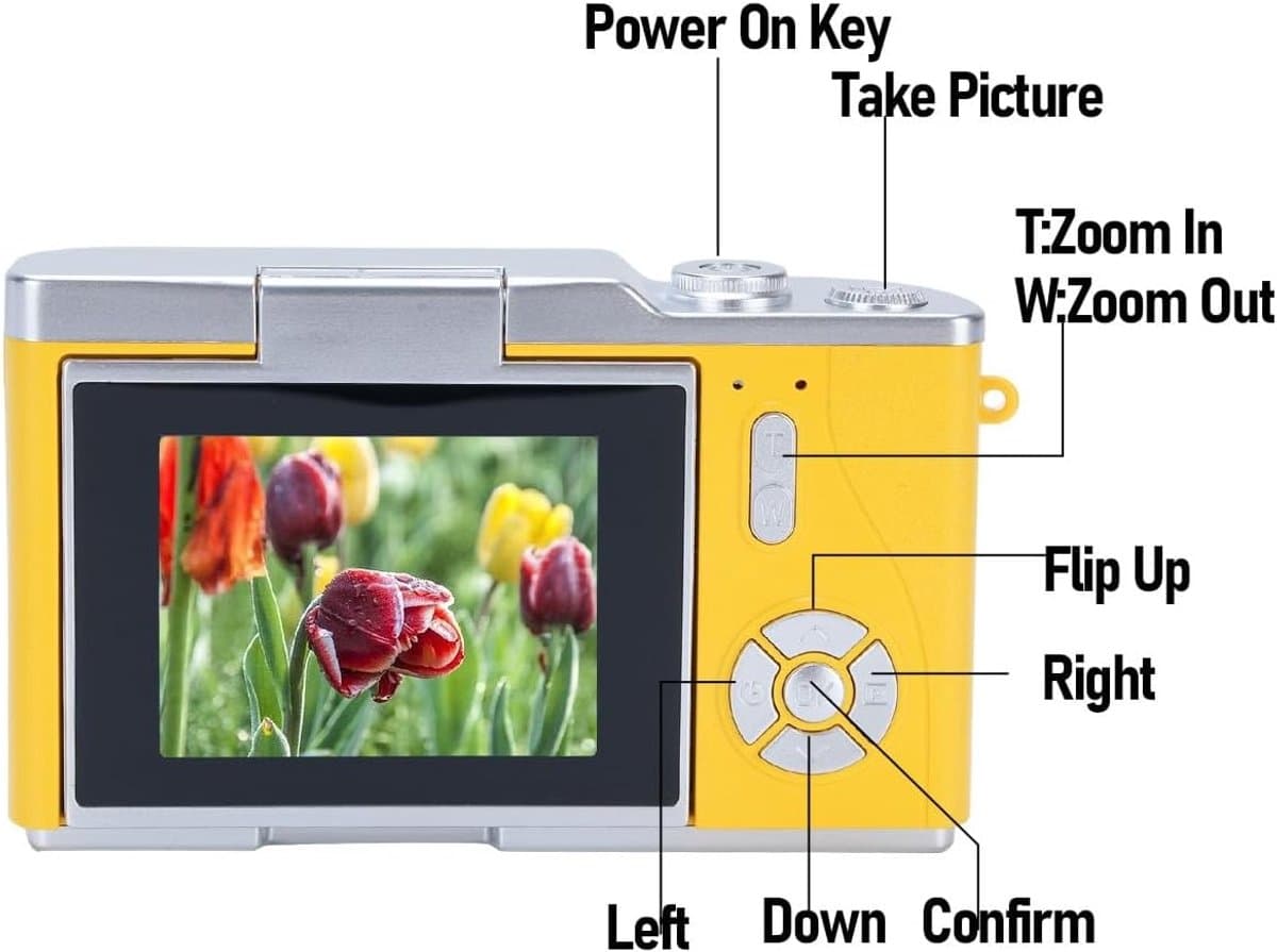 Digitale camera - 1080P HD 48MP digitale point-and-shoot camera met 2,4 inch HD-klapscherm, ingebouwde LED-vullamp, 8x digitale zoom, voor tieners en studenten - met 32G geheugenkaart (geel) thumbnail 4