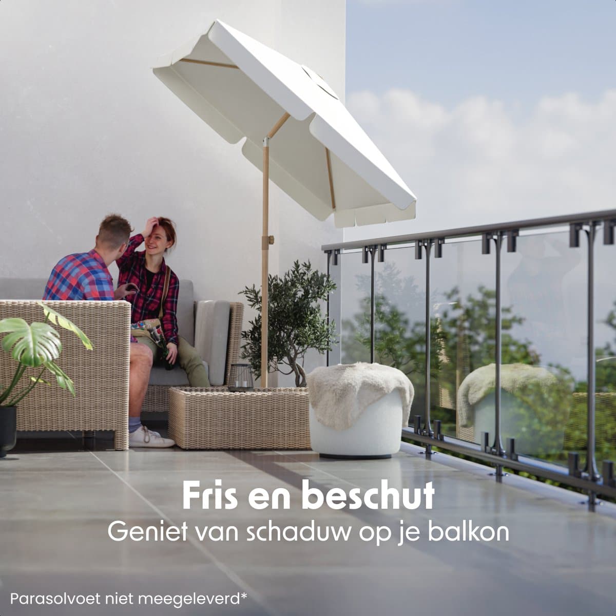 LifeGoods Parasol - Tuin - Balkonparasol - 200x125cm - 30° Kantelbaar - Waterdicht - UPF50+ - Houtlook - Crème thumbnail 2