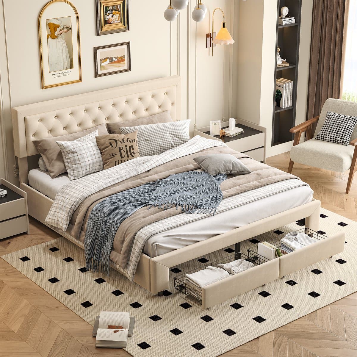 180x200 Fluwelen Opbergbed Beige – Gaslift Tweepersoonsbed met 2 Grote Lades bij Voeteneinde & Verborgen Opbergruimte – Bed 180x200 thumbnail 5