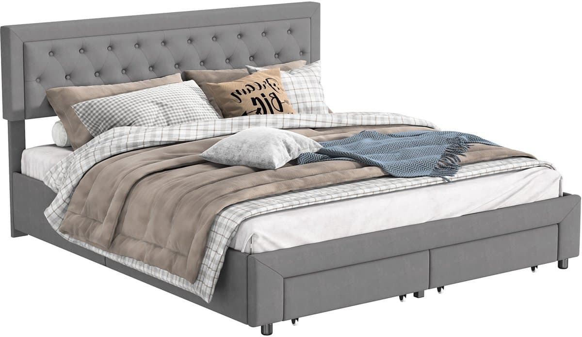 180x200 Fluwelen Opbergbed Grijs – Gaslift Tweepersoonsbed met 2 Grote Lades bij Voeteneinde & Extra Opbergruimte – Bed 180x200 thumbnail 4