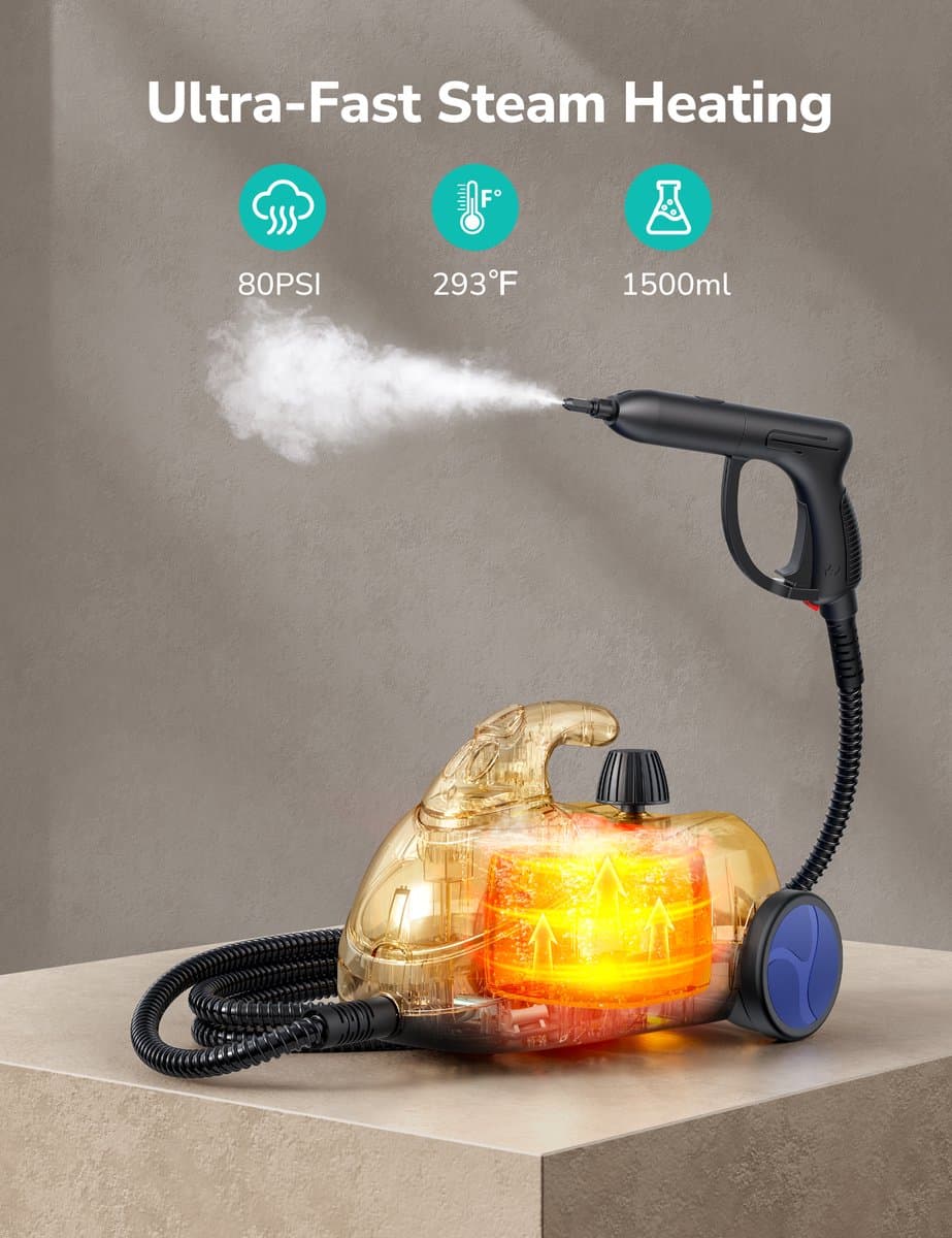 Aspiron AS-CA042 Stoomreiniger – 80 PSI, 145°C stoom– Multifunctionele krachtige canister stomer met ingebouwde opbergruimte – Handstoommop voor huis, auto, meubels, tapijt, badkamer en vloerreiniging – Blauw thumbnail 3