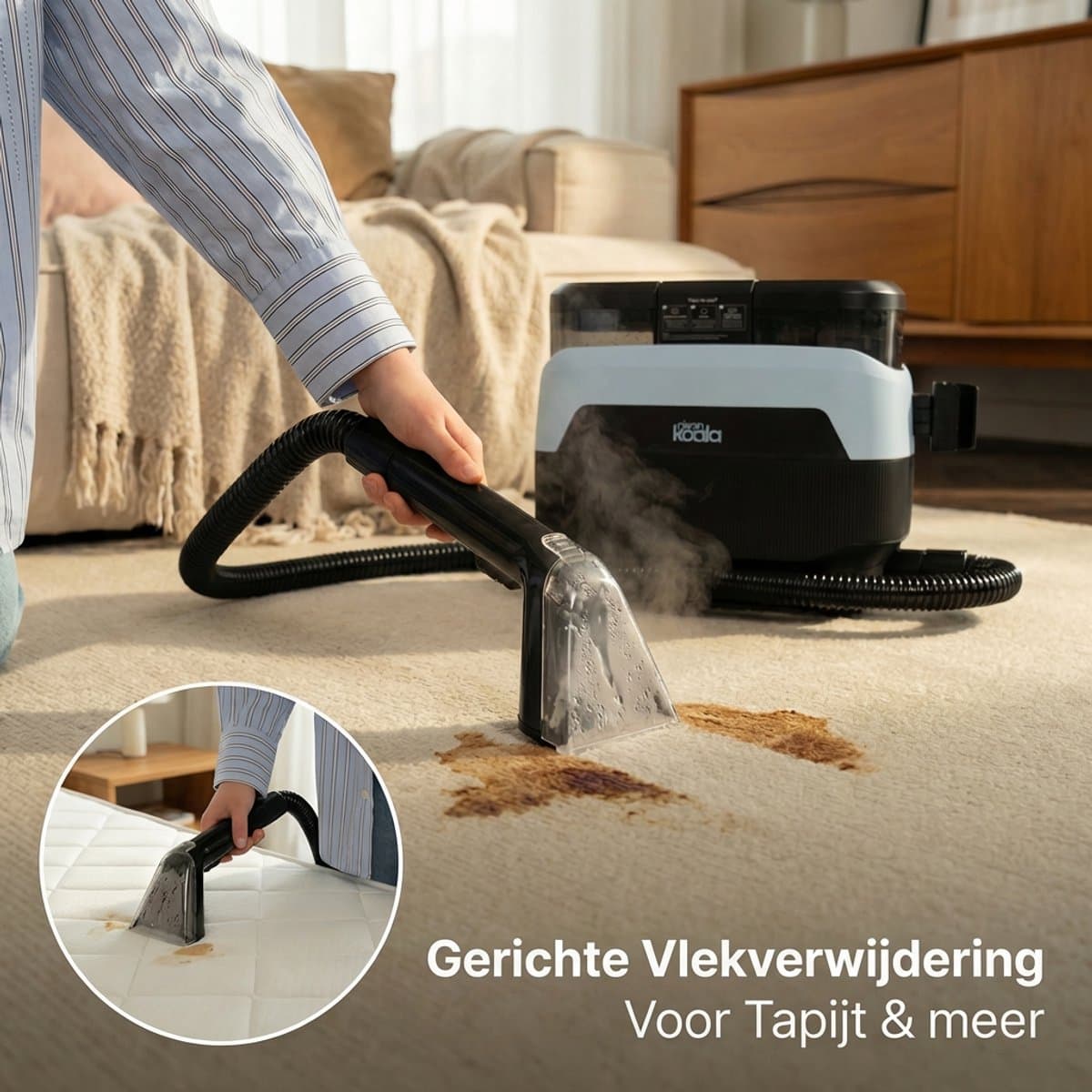 CleanKoala Tapijtreiniger & Stoomreiniger – Voor 100+ Verschillende Stoffen - Vlekkenreiniger - inclusief 3 Reinigingstabletten – Tapijt, Matras, Meubels & Meer thumbnail 6