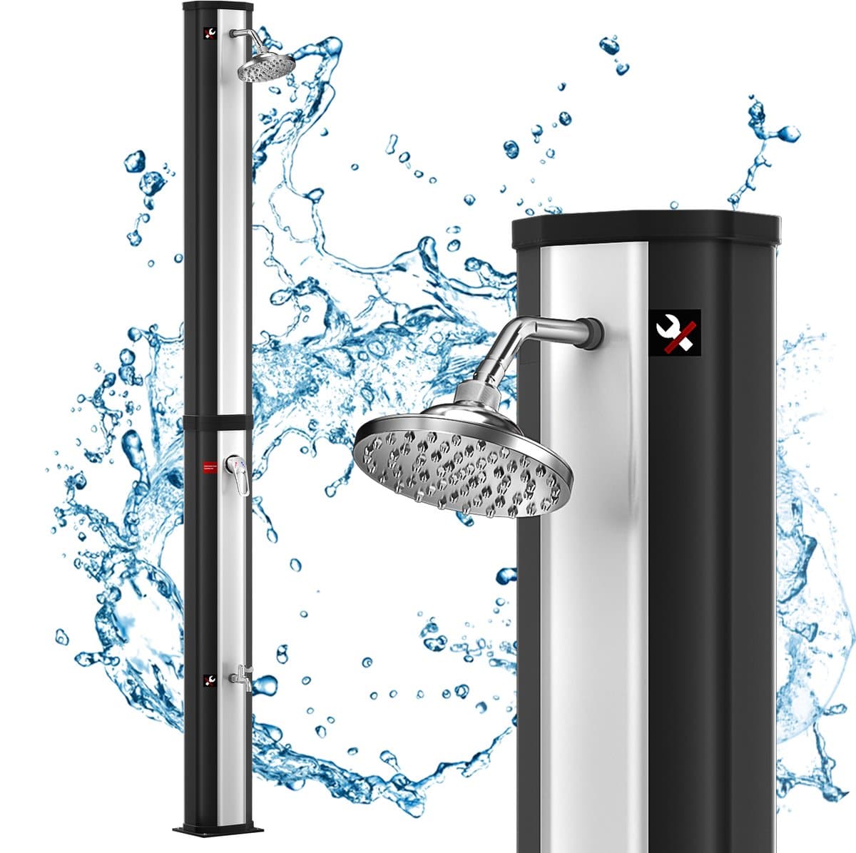 40 Liter Zonnedouche Zonder Stroom, Buitendouche Tuin Zwembad Camping met Regendouchekop en Voetdouche, Warm Water tot 60°C, Zilverkleurig – NAIZY