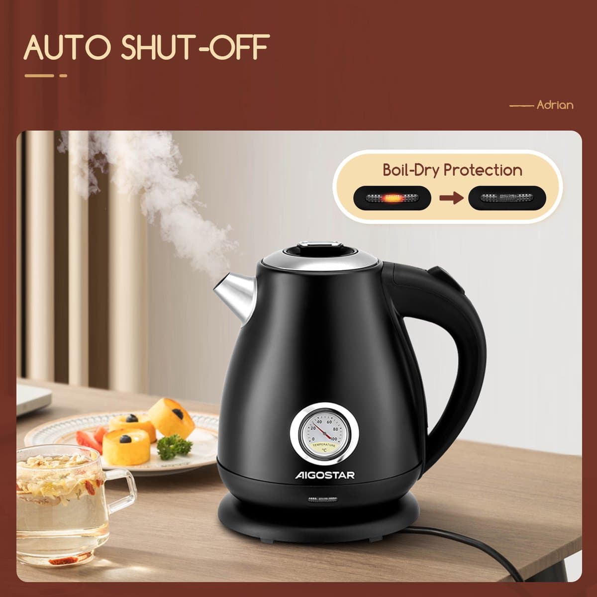 Aigostar Waterkoker Retro - BPA Vrij - 1,7 Liter - Elektrische Waterkoker - BPA-vrij - Anti calcium filter - RVS - 2200W- Zwart thumbnail 8