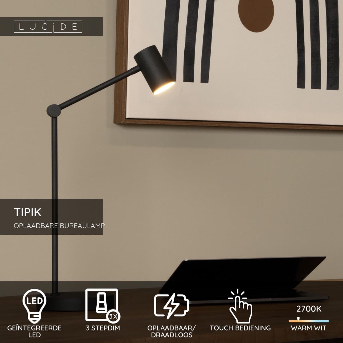 Lucide TIPIK - Oplaadbare Bureaulamp - Accu/Batterij - LED 3 StepDim - 1x3W 2700K - Zwart thumbnail 3